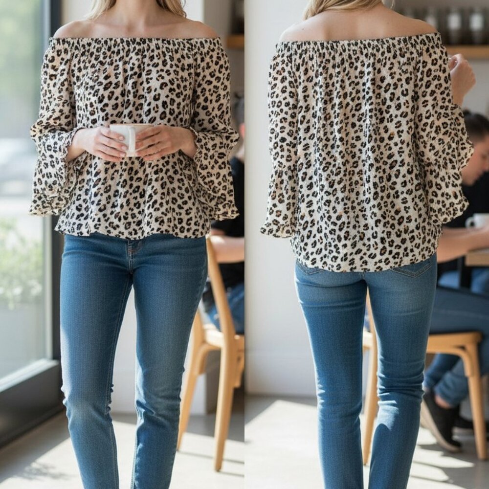 Kobi Halperin Leopard Print Off-Shoulder Ruffle Sleeve Blouse M